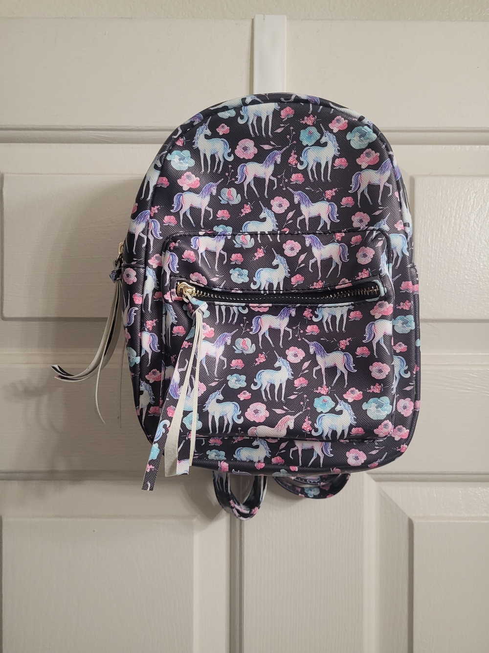 Kids Unicorn Print Mini Backpack - Black with Pastel Unicorns